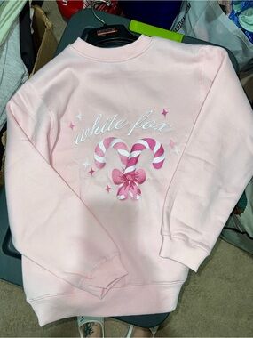 White Fox Boutique Pink Candy Cane Christmas Graphic Crewneck Sweatshirt